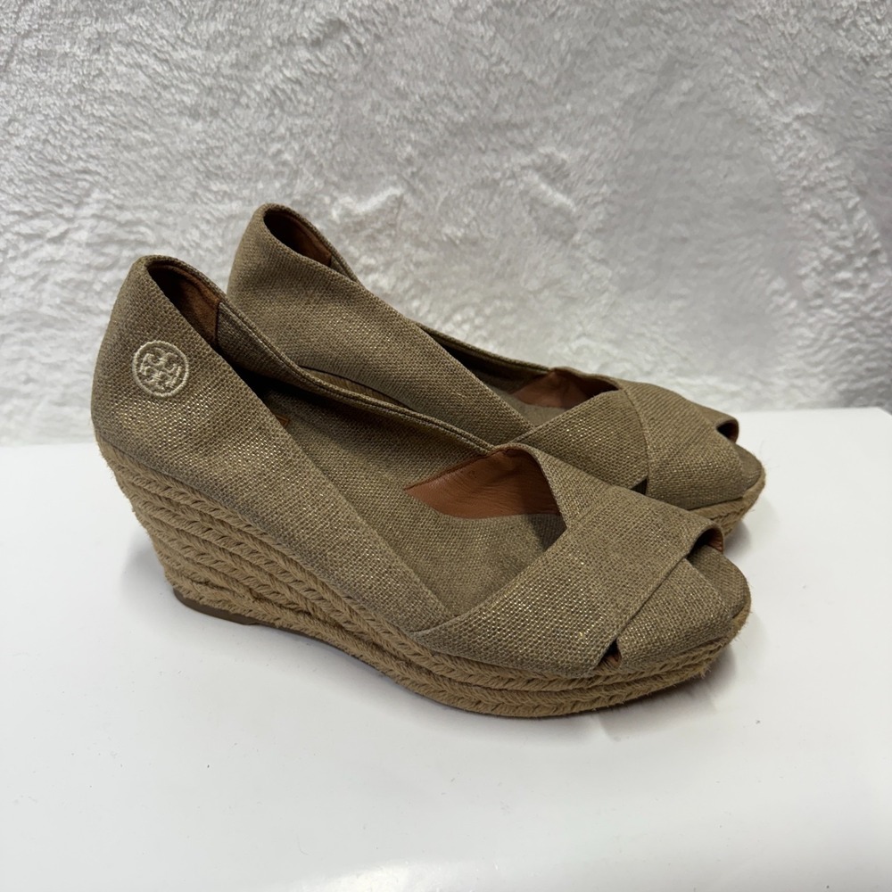 Tory Burch Espadrille Canvas Filipa Shoes Womens 8B Beige Peep Toe Wedge Heel
